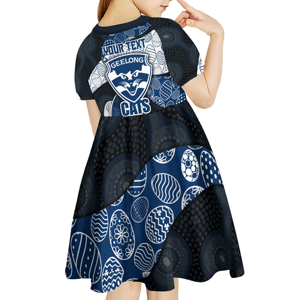 Personalized Geelong Cats Football Kid Short Sleeve Dress Easter Egg Pattern Blue Monochrome Tribal Dot Style