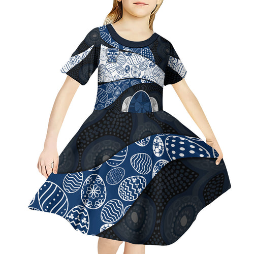 Personalized Geelong Cats Football Kid Short Sleeve Dress Easter Egg Pattern Blue Monochrome Tribal Dot Style