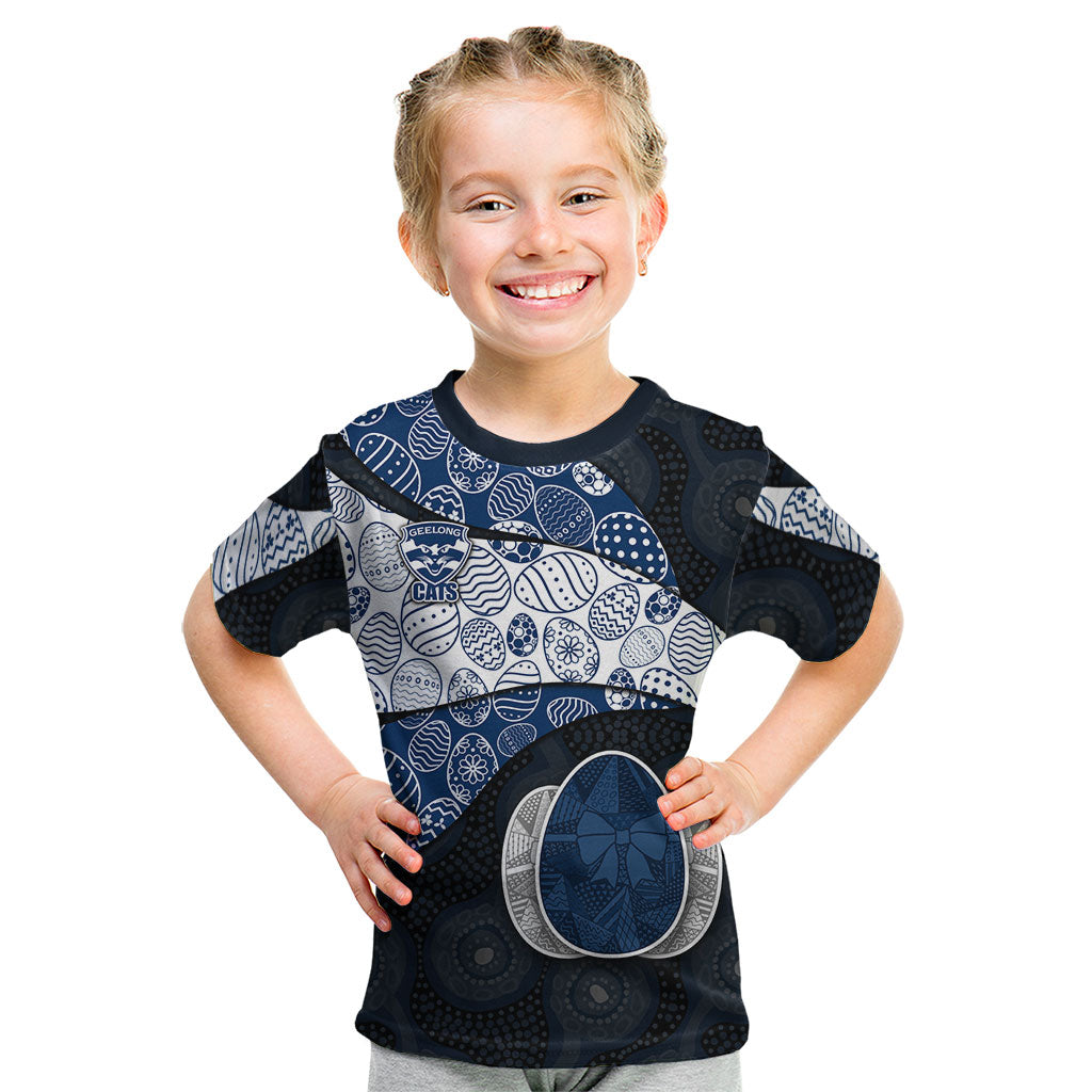 Personalized Geelong Cats Football Kid T Shirt Easter Egg Pattern Blue Monochrome Tribal Dot Style
