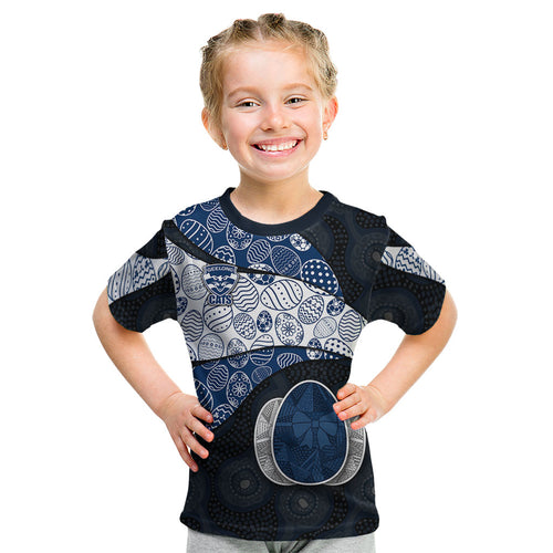 Personalized Geelong Cats Football Kid T Shirt Easter Egg Pattern Blue Monochrome Tribal Dot Style