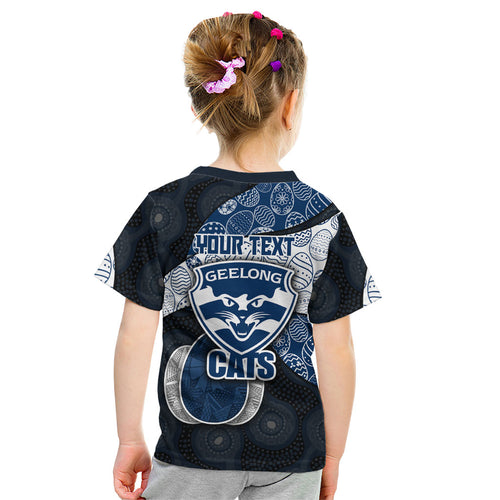 Personalized Geelong Cats Football Kid T Shirt Easter Egg Pattern Blue Monochrome Tribal Dot Style