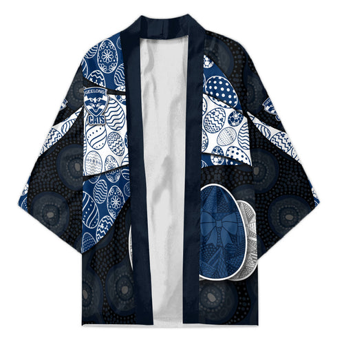 Personalized Geelong Cats Football Kimono Easter Egg Pattern Blue Monochrome Tribal Dot Style