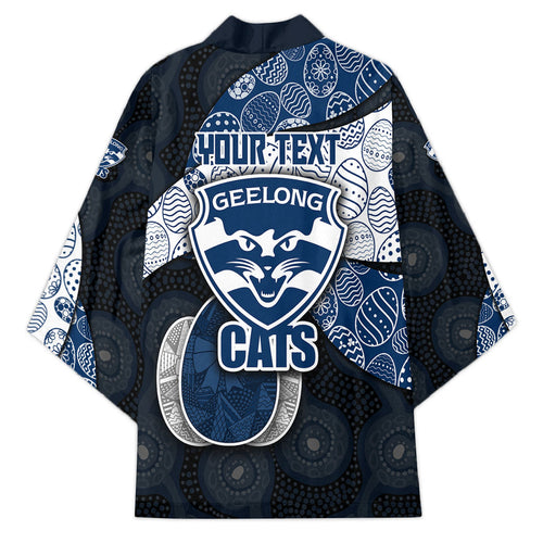Personalized Geelong Cats Football Kimono Easter Egg Pattern Blue Monochrome Tribal Dot Style