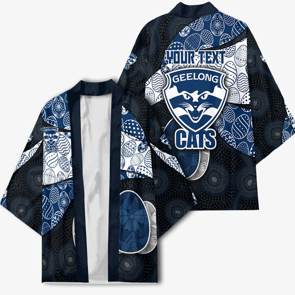 Personalized Geelong Cats Football Kimono Easter Egg Pattern Blue Monochrome Tribal Dot Style
