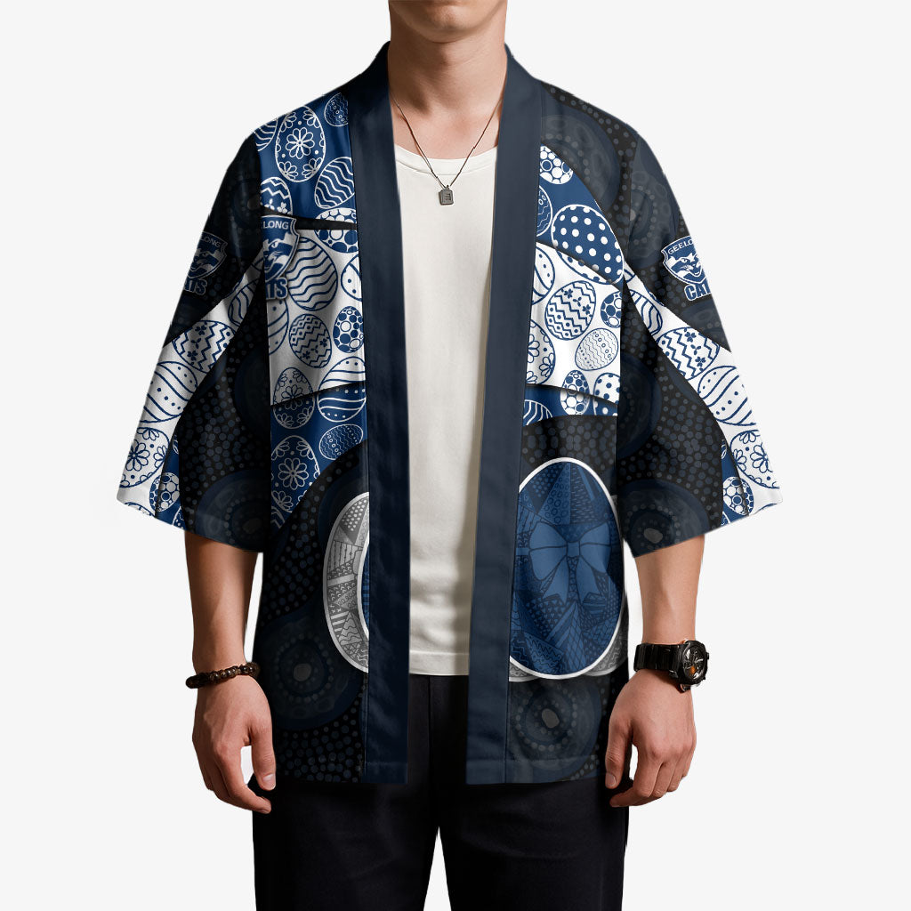 Personalized Geelong Cats Football Kimono Easter Egg Pattern Blue Monochrome Tribal Dot Style