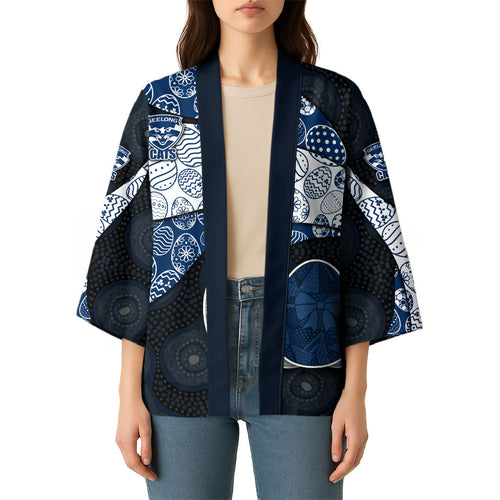Personalized Geelong Cats Football Kimono Easter Egg Pattern Blue Monochrome Tribal Dot Style