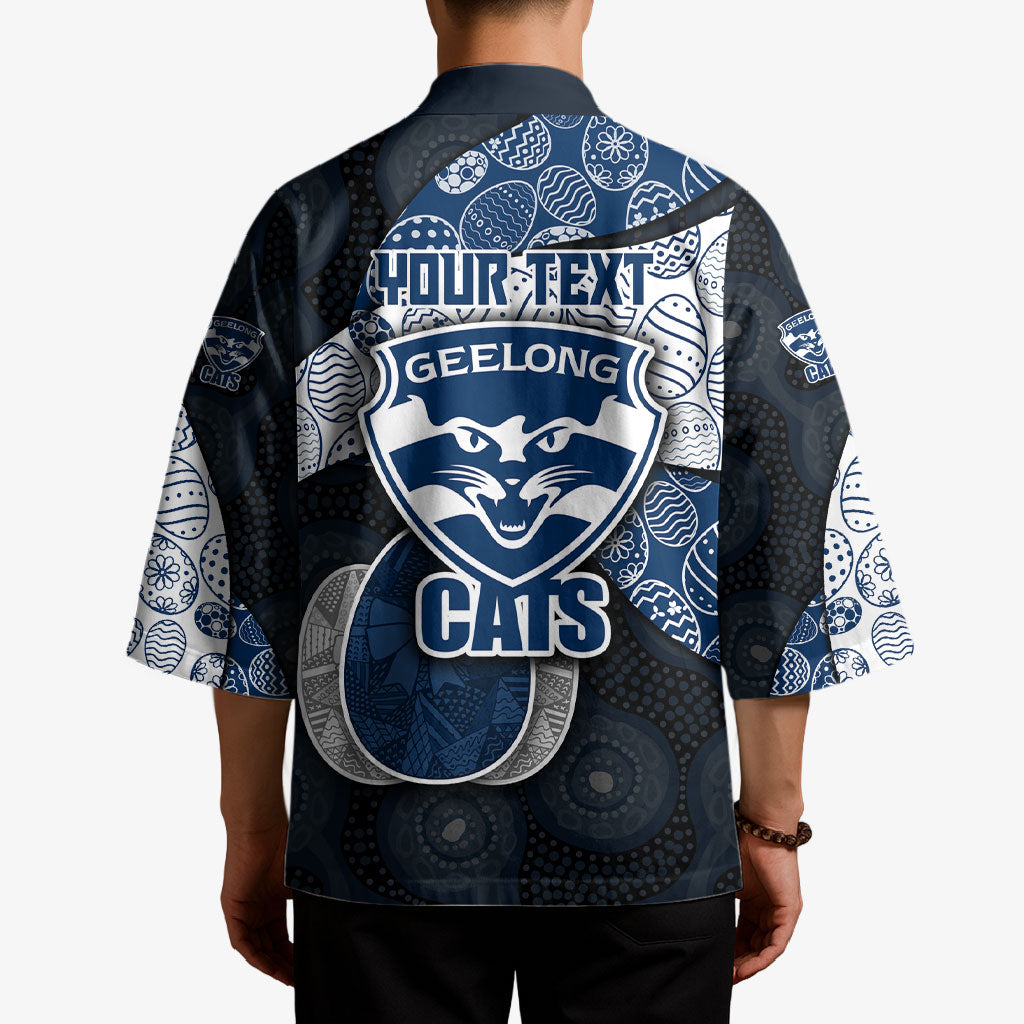 Personalized Geelong Cats Football Kimono Easter Egg Pattern Blue Monochrome Tribal Dot Style