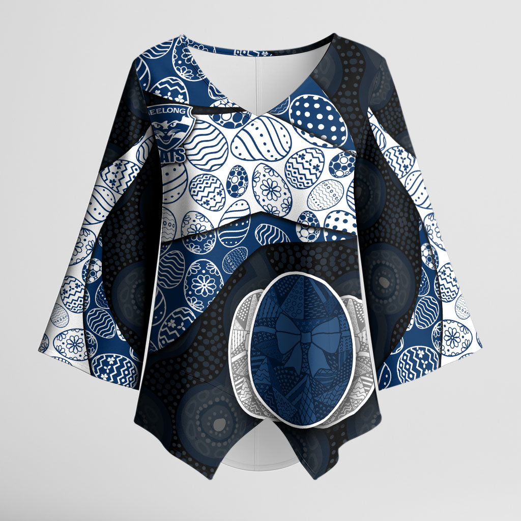 Personalized Geelong Cats Football Kimono Sleeve Blouse Easter Egg Pattern Blue Monochrome Tribal Dot Style