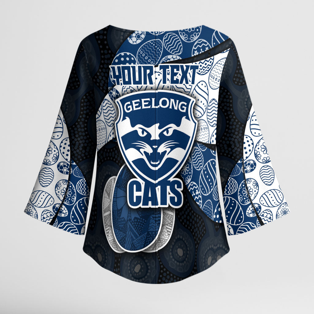 Personalized Geelong Cats Football Kimono Sleeve Blouse Easter Egg Pattern Blue Monochrome Tribal Dot Style
