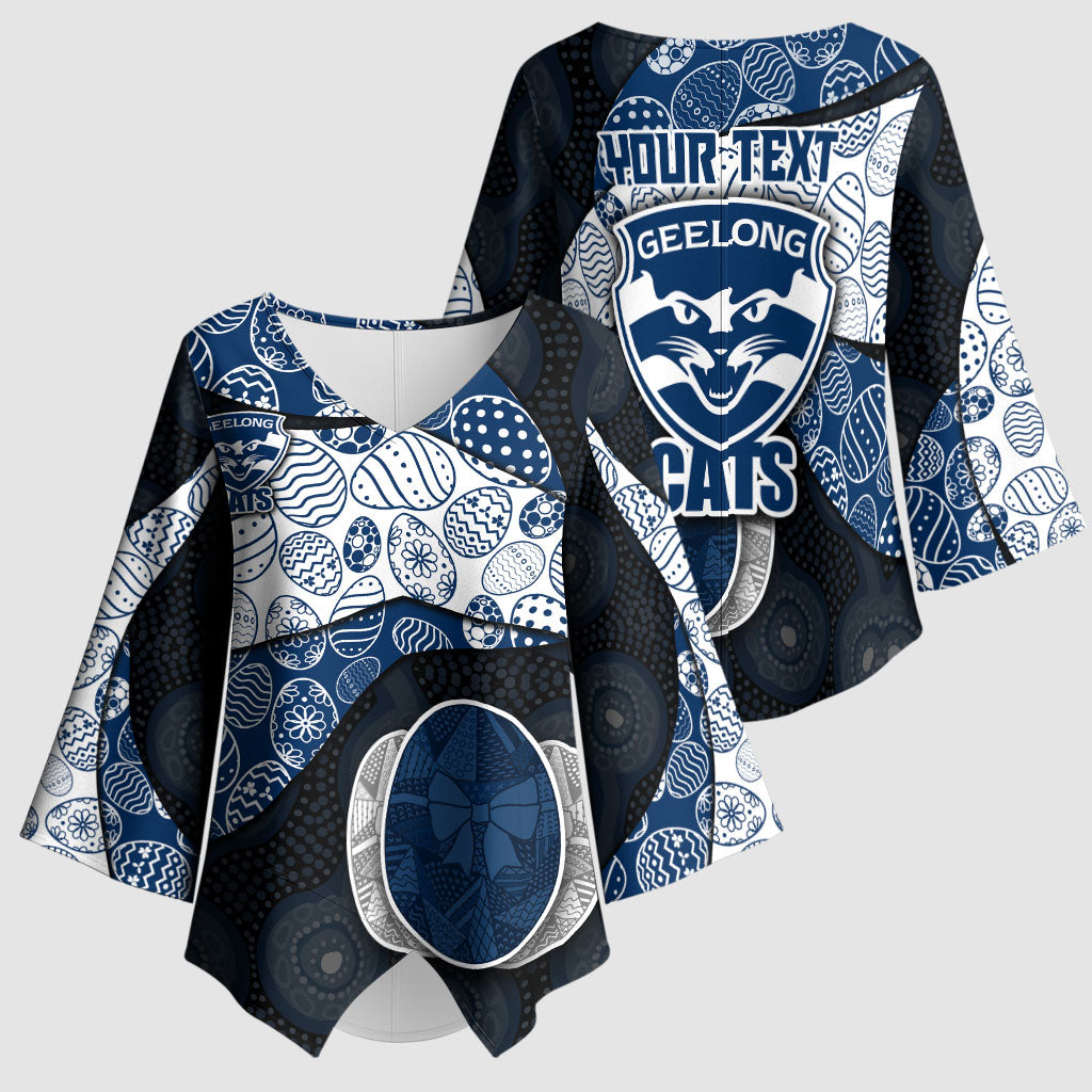 Personalized Geelong Cats Football Kimono Sleeve Blouse Easter Egg Pattern Blue Monochrome Tribal Dot Style