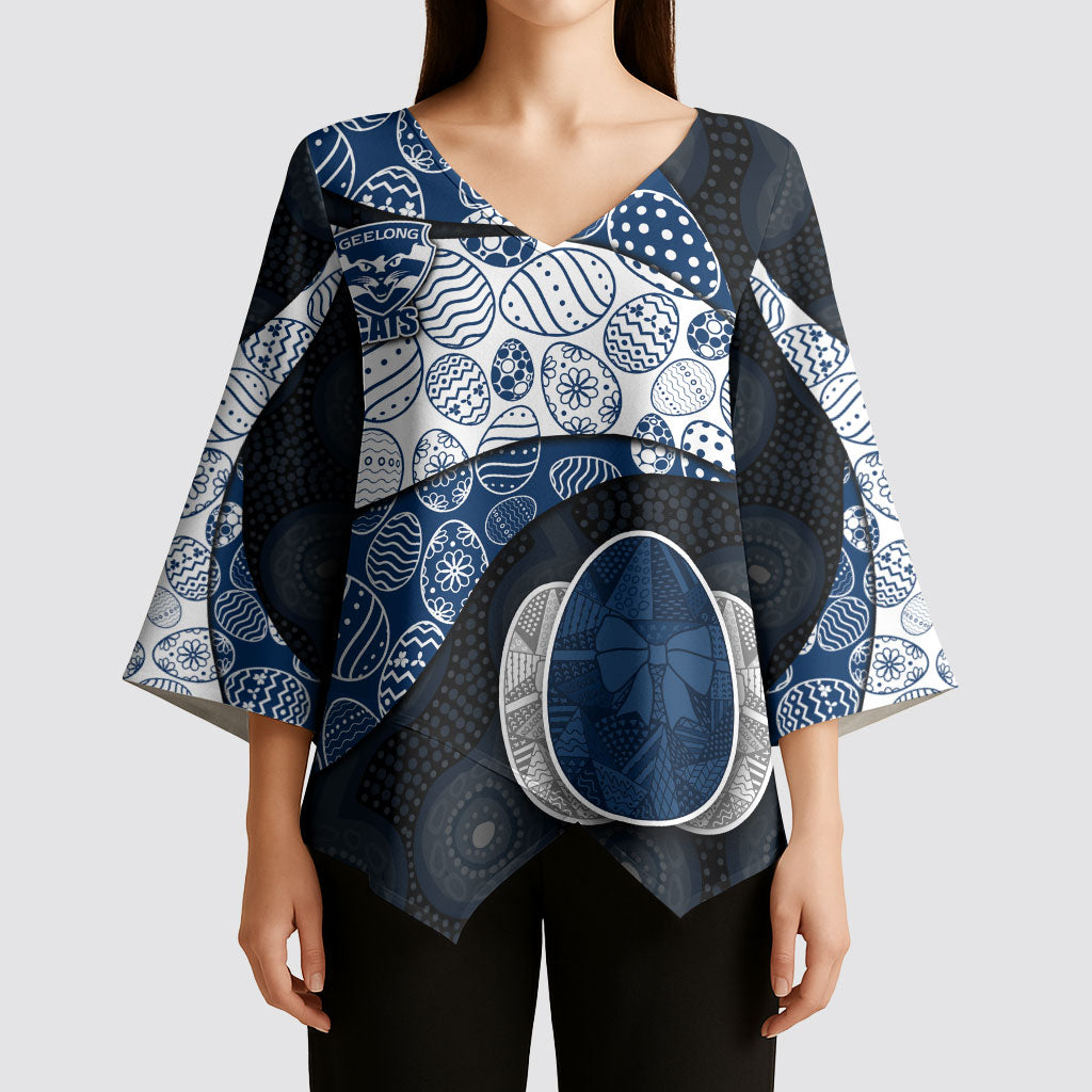 Personalized Geelong Cats Football Kimono Sleeve Blouse Easter Egg Pattern Blue Monochrome Tribal Dot Style