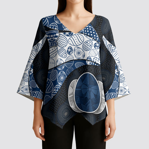 Personalized Geelong Cats Football Kimono Sleeve Blouse Easter Egg Pattern Blue Monochrome Tribal Dot Style