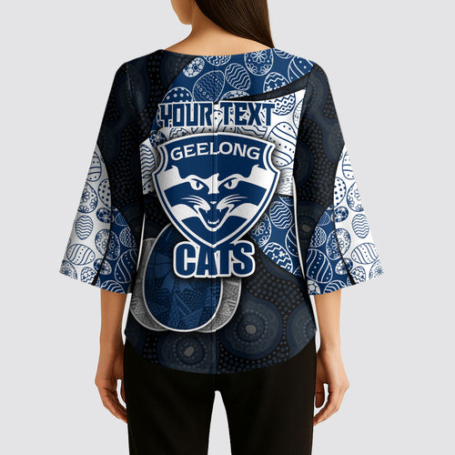 Personalized Geelong Cats Football Kimono Sleeve Blouse Easter Egg Pattern Blue Monochrome Tribal Dot Style