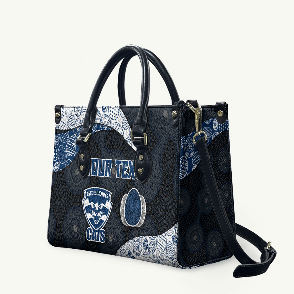 Personalized Geelong Cats Football Leather Bag Easter Egg Pattern Blue Monochrome Tribal Dot Style