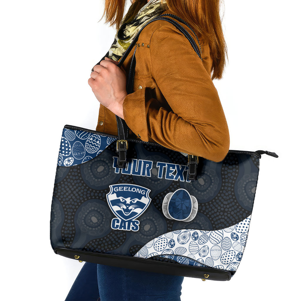Personalized Geelong Cats Football Leather Tote Bag Easter Egg Pattern Blue Monochrome Tribal Dot Style