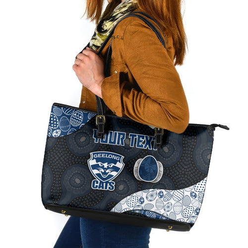 Personalized Geelong Cats Football Leather Tote Bag Easter Egg Pattern Blue Monochrome Tribal Dot Style