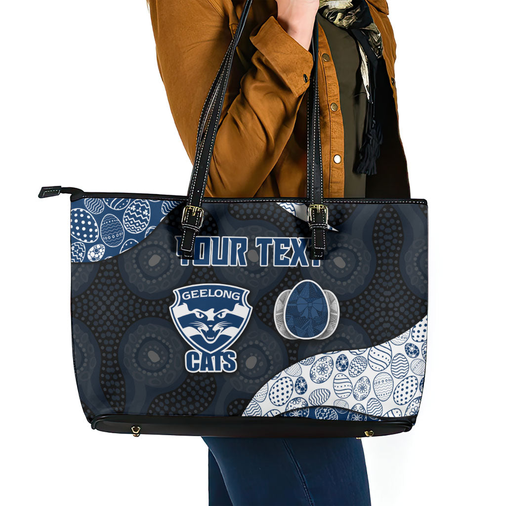 Personalized Geelong Cats Football Leather Tote Bag Easter Egg Pattern Blue Monochrome Tribal Dot Style
