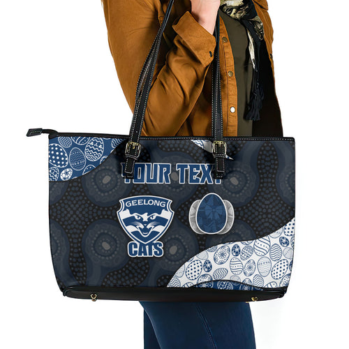 Personalized Geelong Cats Football Leather Tote Bag Easter Egg Pattern Blue Monochrome Tribal Dot Style