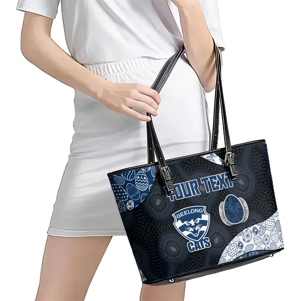 Personalized Geelong Cats Football Leather Tote Bag Easter Egg Pattern Blue Monochrome Tribal Dot Style
