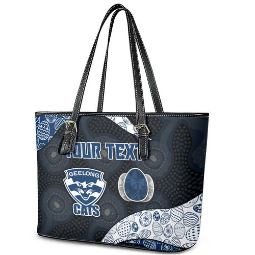 Personalized Geelong Cats Football Leather Tote Bag Easter Egg Pattern Blue Monochrome Tribal Dot Style