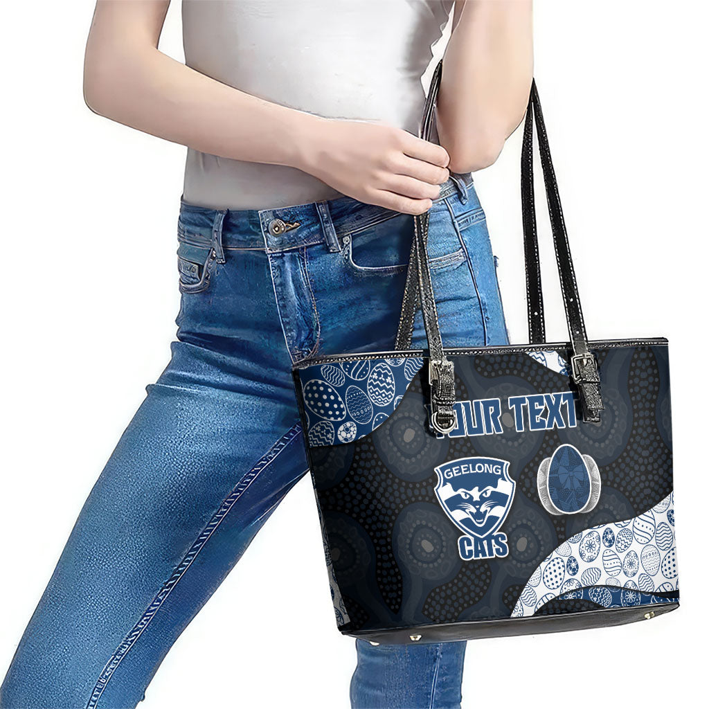 Personalized Geelong Cats Football Leather Tote Bag Easter Egg Pattern Blue Monochrome Tribal Dot Style
