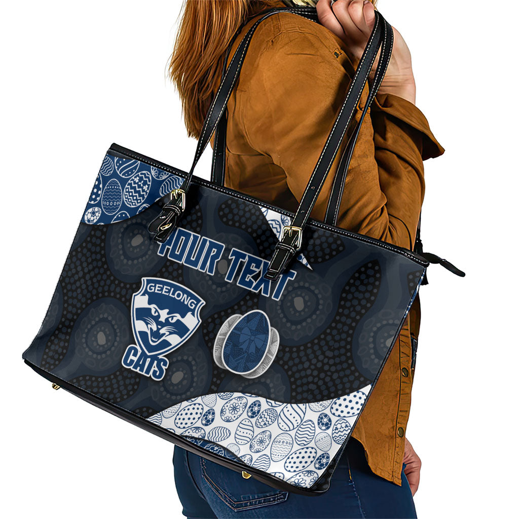 Personalized Geelong Cats Football Leather Tote Bag Easter Egg Pattern Blue Monochrome Tribal Dot Style