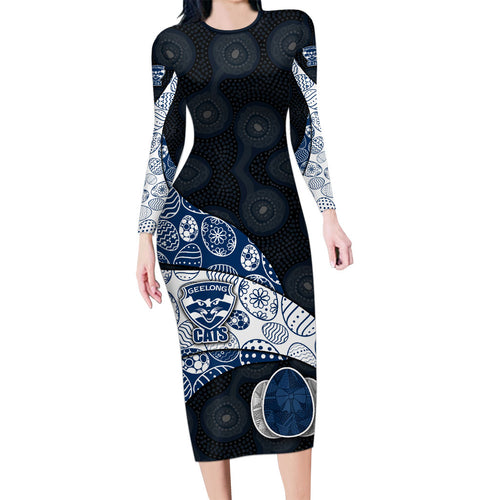 Personalized Geelong Cats Football Long Sleeve Bodycon Dress Easter Egg Pattern Blue Monochrome Tribal Dot Style
