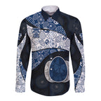 Personalized Geelong Cats Football Long Sleeve Button Shirt Easter Egg Pattern Blue Monochrome Tribal Dot Style