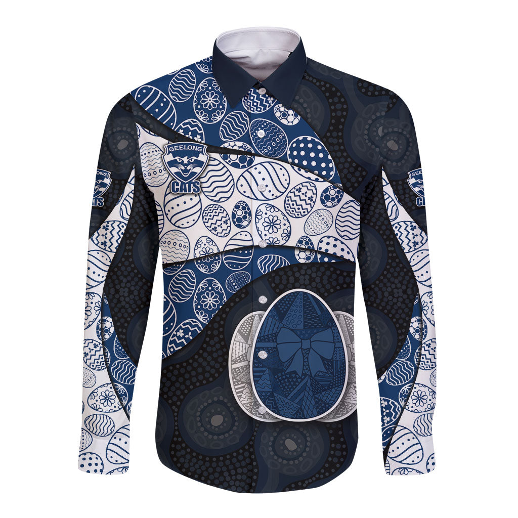 Personalized Geelong Cats Football Long Sleeve Button Shirt Easter Egg Pattern Blue Monochrome Tribal Dot Style