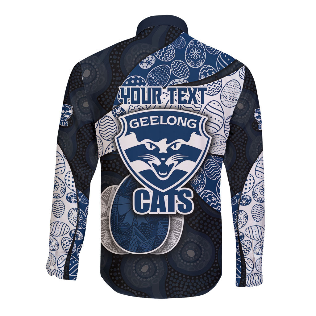 Personalized Geelong Cats Football Long Sleeve Button Shirt Easter Egg Pattern Blue Monochrome Tribal Dot Style