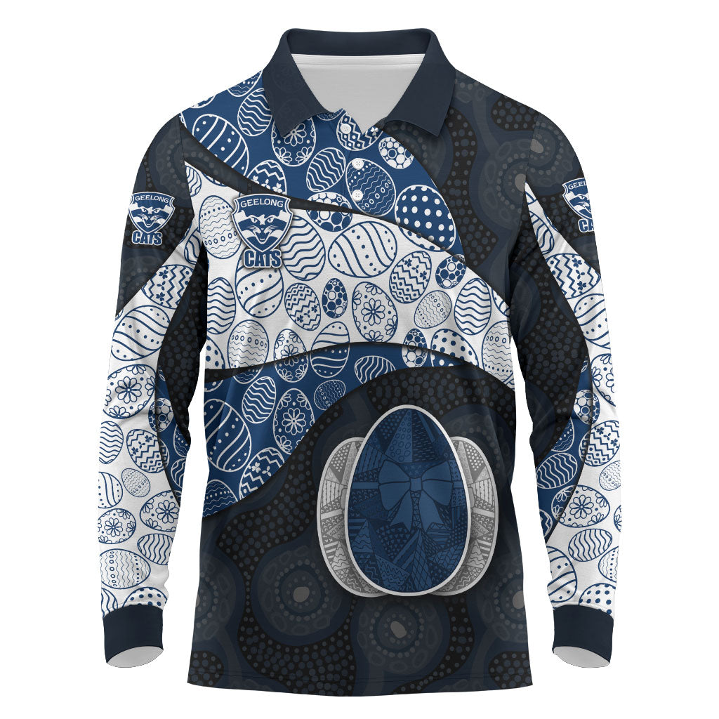 Personalized Geelong Cats Football Long Sleeve Polo Shirt Easter Egg Pattern Blue Monochrome Tribal Dot Style