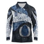 Personalized Geelong Cats Football Long Sleeve Polo Shirt Easter Egg Pattern Blue Monochrome Tribal Dot Style