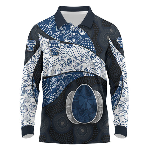 Personalized Geelong Cats Football Long Sleeve Polo Shirt Easter Egg Pattern Blue Monochrome Tribal Dot Style
