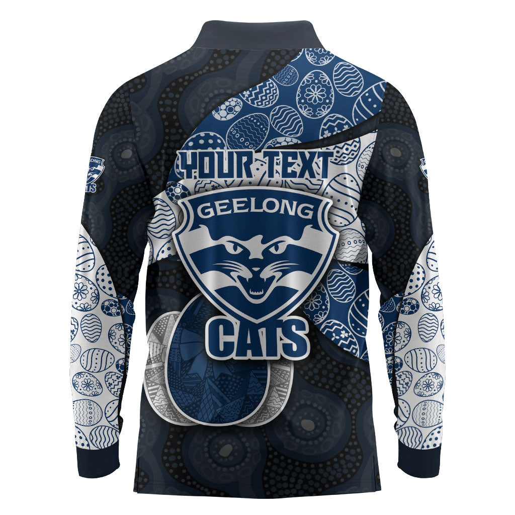 Personalized Geelong Cats Football Long Sleeve Polo Shirt Easter Egg Pattern Blue Monochrome Tribal Dot Style