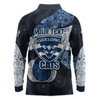 Personalized Geelong Cats Football Long Sleeve Polo Shirt Easter Egg Pattern Blue Monochrome Tribal Dot Style