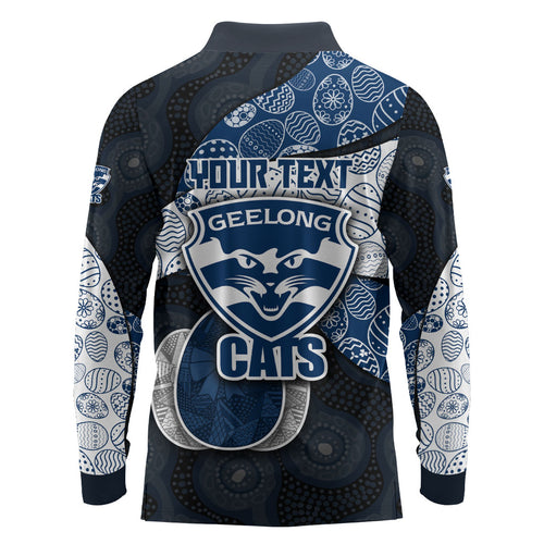 Personalized Geelong Cats Football Long Sleeve Polo Shirt Easter Egg Pattern Blue Monochrome Tribal Dot Style