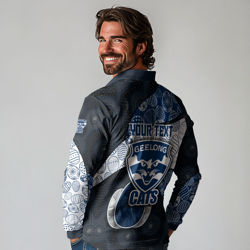 Personalized Geelong Cats Football Long Sleeve Polo Shirt Easter Egg Pattern Blue Monochrome Tribal Dot Style