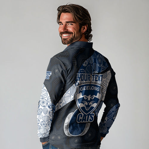 Personalized Geelong Cats Football Long Sleeve Polo Shirt Easter Egg Pattern Blue Monochrome Tribal Dot Style
