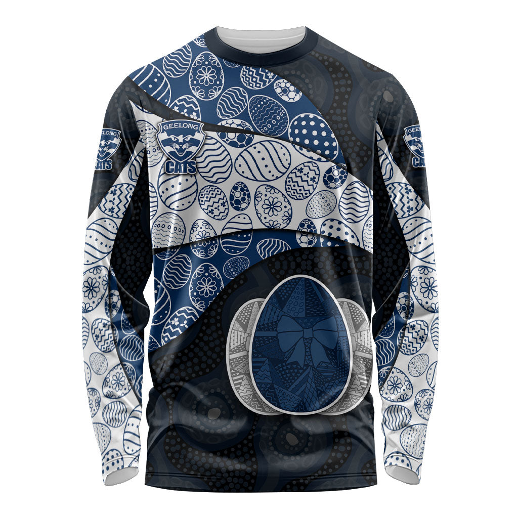 Personalized Geelong Cats Football Long Sleeve Shirt Easter Egg Pattern Blue Monochrome Tribal Dot Style