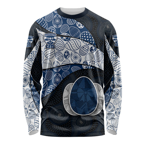 Personalized Geelong Cats Football Long Sleeve Shirt Easter Egg Pattern Blue Monochrome Tribal Dot Style