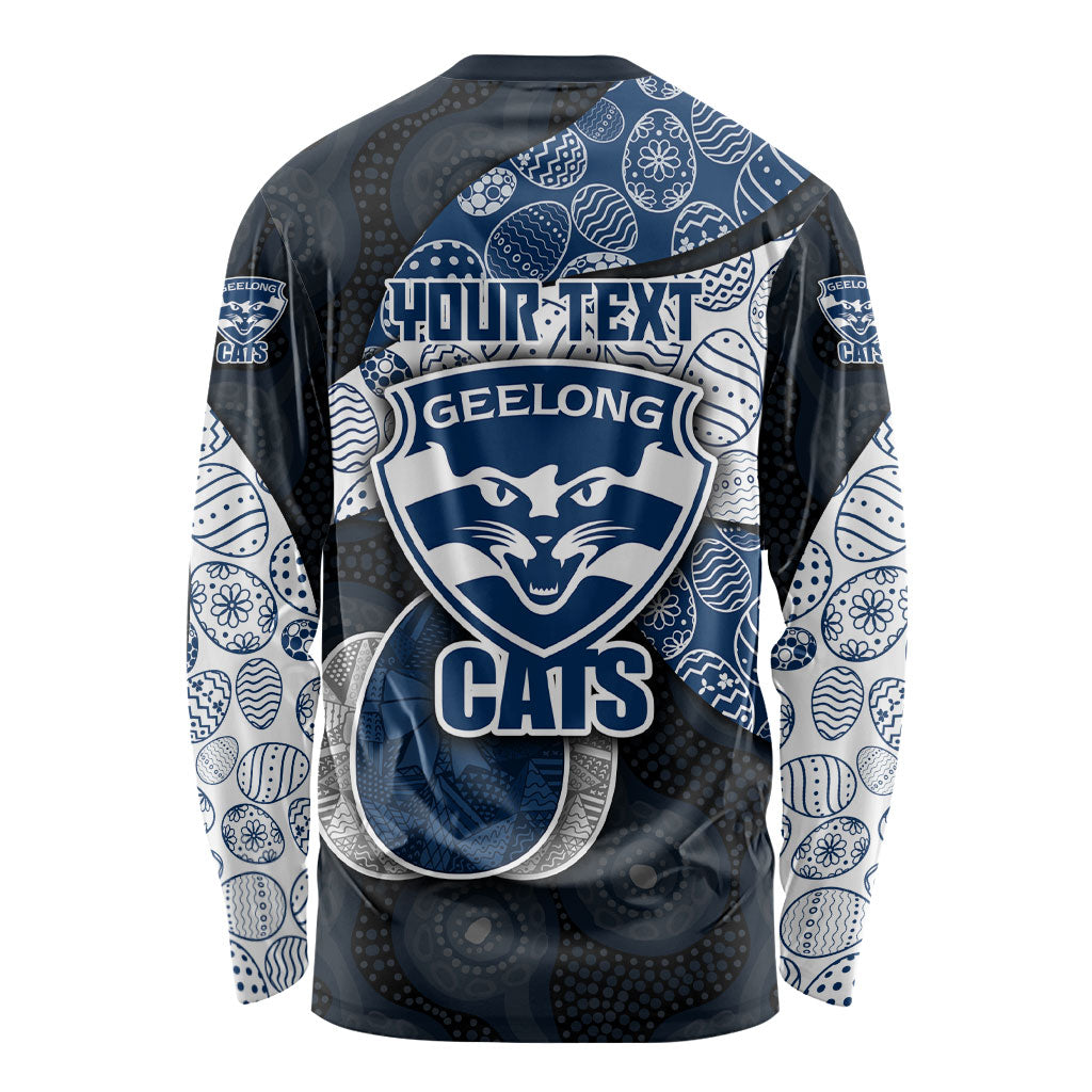 Personalized Geelong Cats Football Long Sleeve Shirt Easter Egg Pattern Blue Monochrome Tribal Dot Style