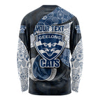 Personalized Geelong Cats Football Long Sleeve Shirt Easter Egg Pattern Blue Monochrome Tribal Dot Style
