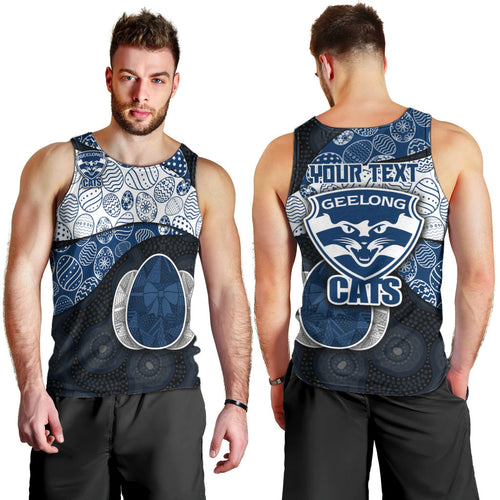 Personalized Geelong Cats Football Men Tank Top Easter Egg Pattern Blue Monochrome Tribal Dot Style