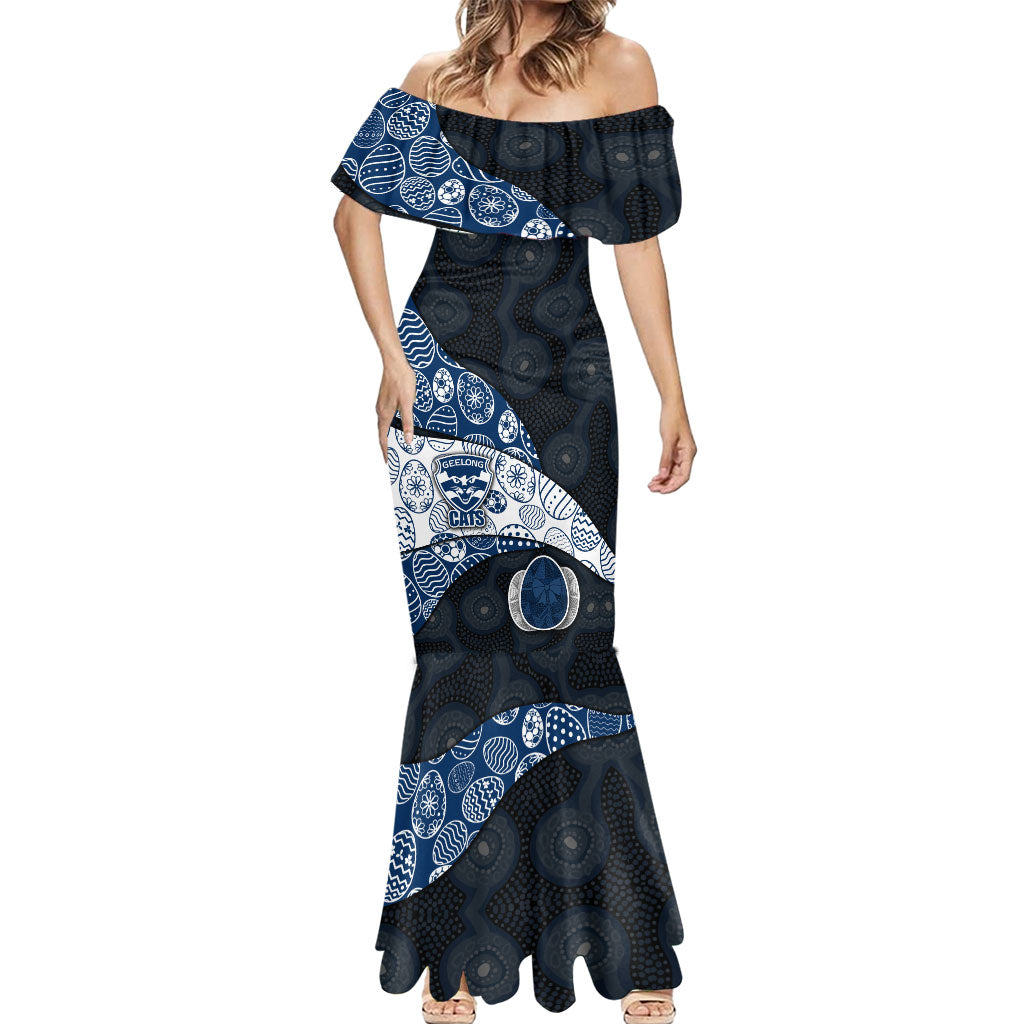 Personalized Geelong Cats Football Mermaid Dress Easter Egg Pattern Blue Monochrome Tribal Dot Style