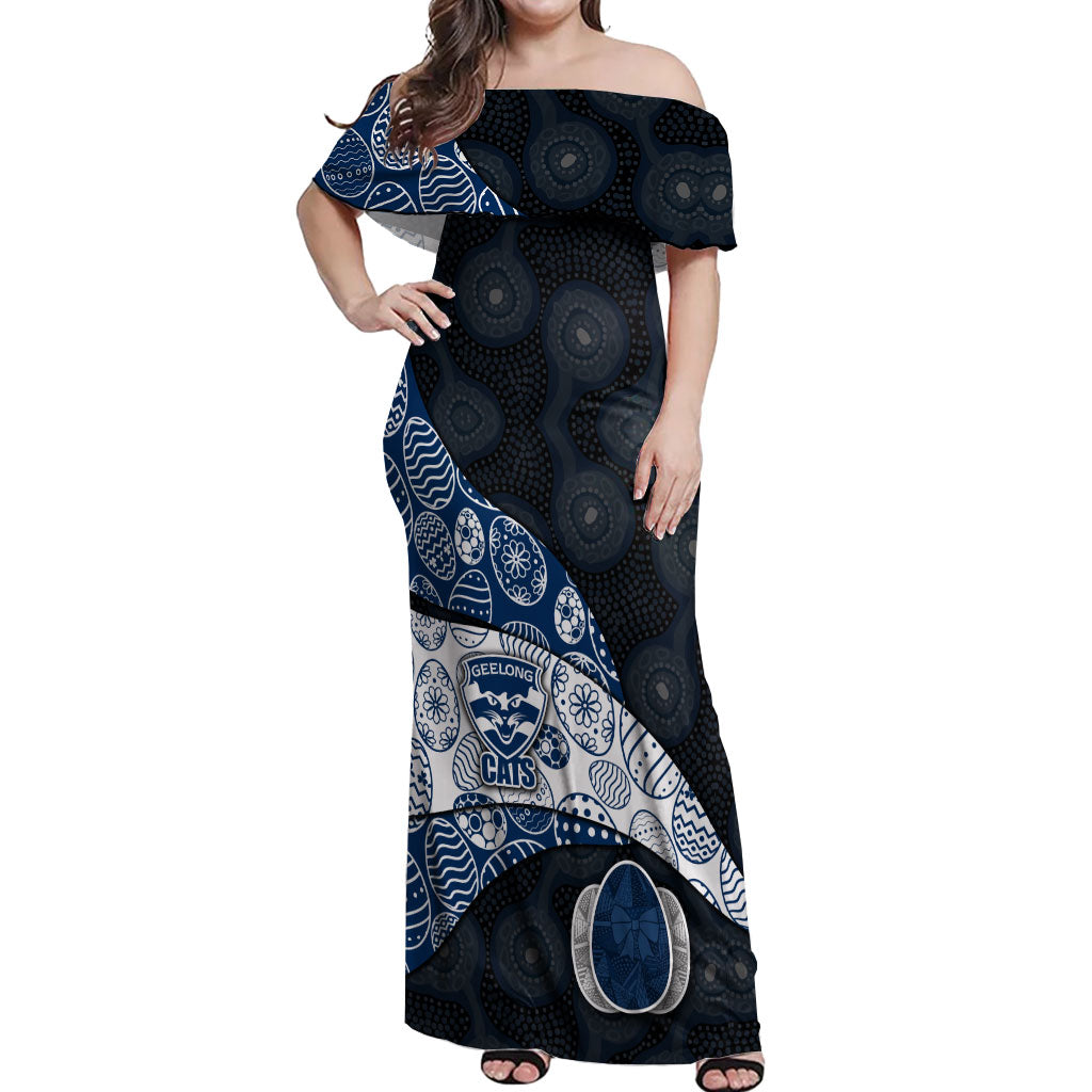 Personalized Geelong Cats Football Off Shoulder Maxi Dress Easter Egg Pattern Blue Monochrome Tribal Dot Style