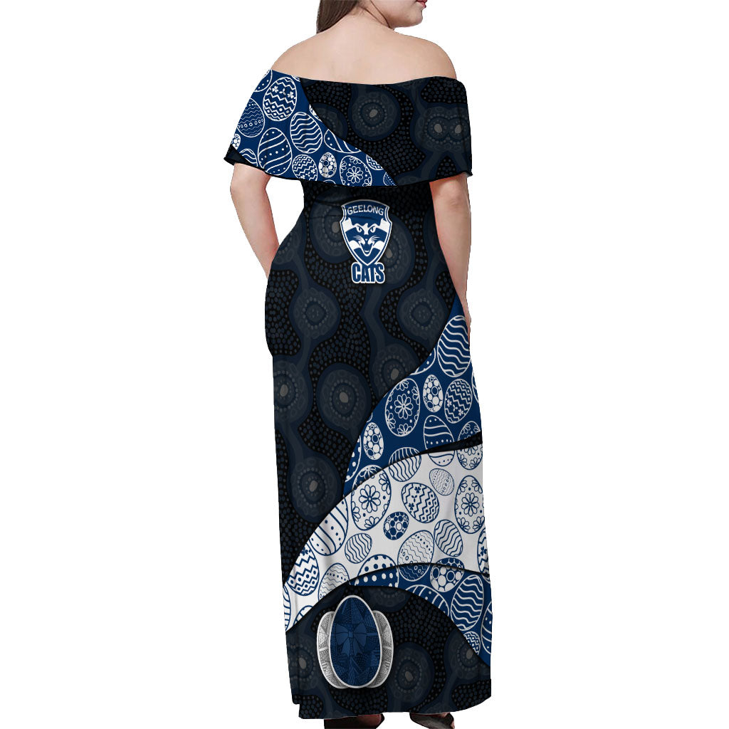 Personalized Geelong Cats Football Off Shoulder Maxi Dress Easter Egg Pattern Blue Monochrome Tribal Dot Style