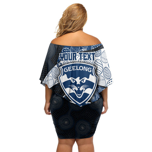 Personalized Geelong Cats Football Off Shoulder Short Dress Easter Egg Pattern Blue Monochrome Tribal Dot Style