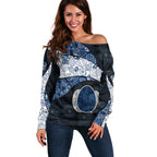 Personalized Geelong Cats Football Off Shoulder Sweater Easter Egg Pattern Blue Monochrome Tribal Dot Style