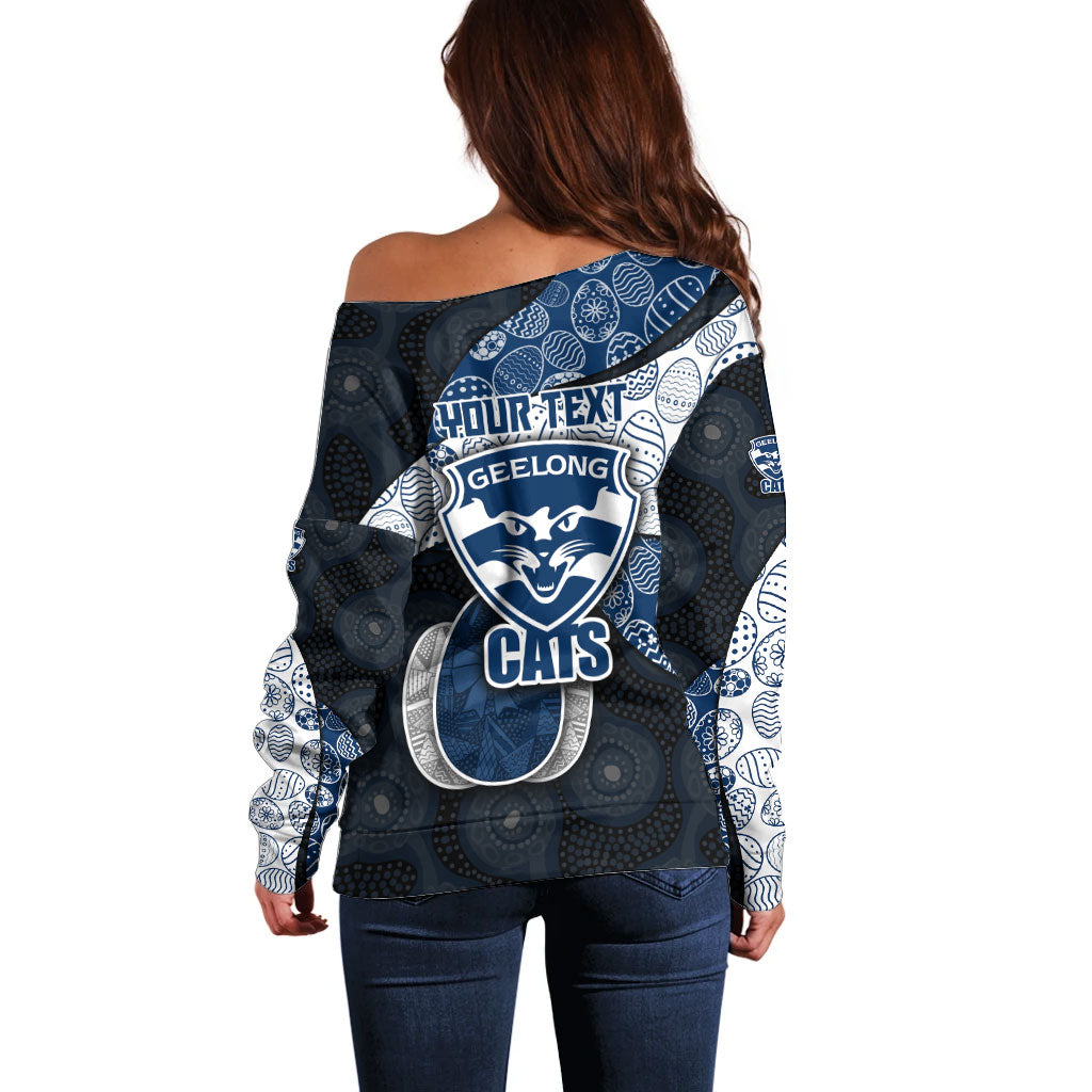 Personalized Geelong Cats Football Off Shoulder Sweater Easter Egg Pattern Blue Monochrome Tribal Dot Style