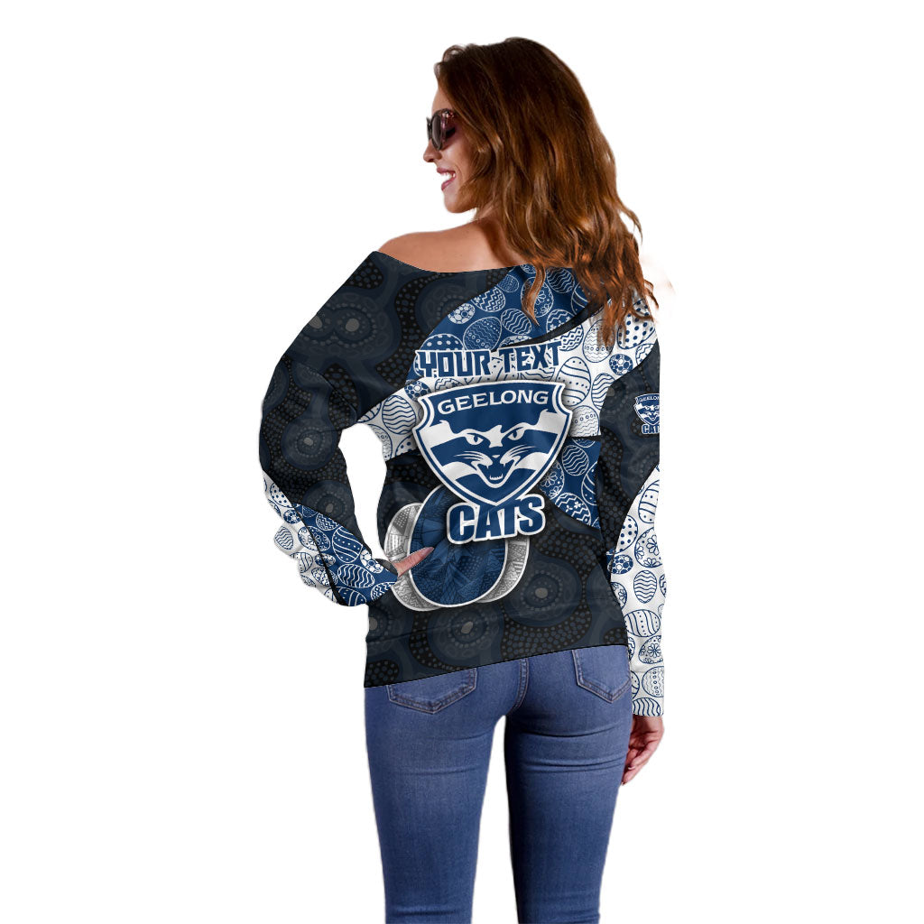 Personalized Geelong Cats Football Off Shoulder Sweater Easter Egg Pattern Blue Monochrome Tribal Dot Style